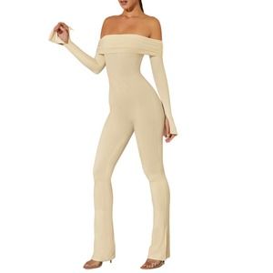 Oh Polly 10 NEW Reeva Long Sleeve Open Back Jumpsuit Stone Flare Hem